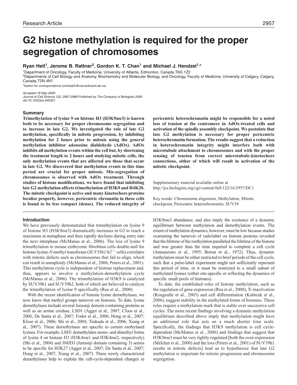 G2 Histone Methylation Is Required for the Proper Segregation of Chromosomes