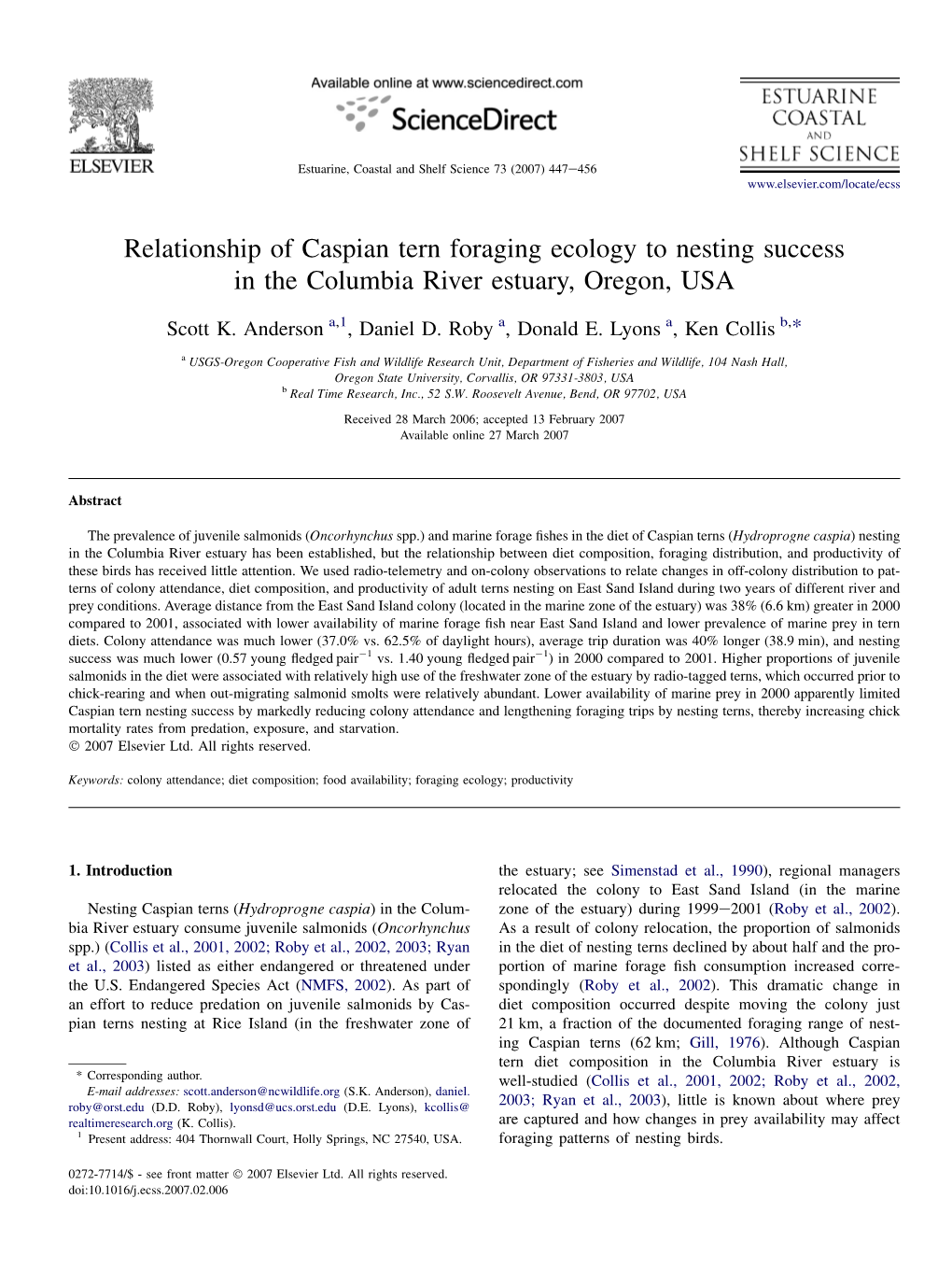 Relationship of Caspian Tern Foraging Ecology to Nesting Success in the Columbia River Estuary, Oregon, USA