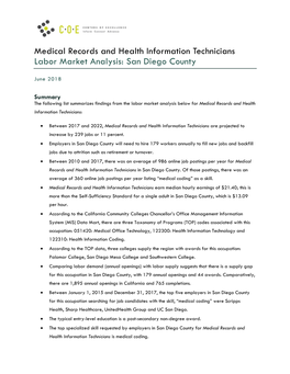 Medical Records and Health Information Technicians Labor Market Analysis: San Diego County
