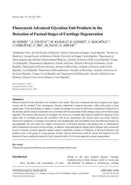 Fluorescent Advanced Glycation End Products in the Detection of Factual Stages of Cartilage Degeneration