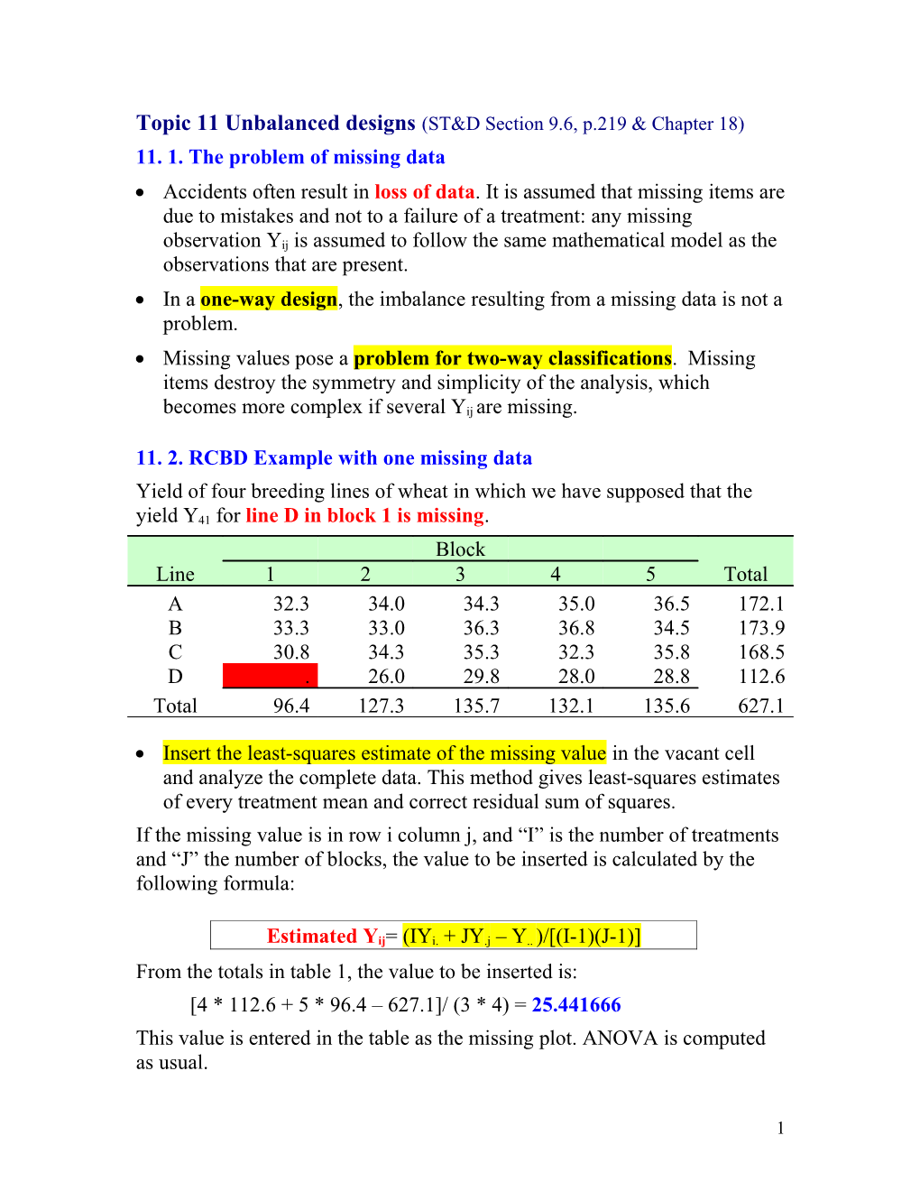 Topic 11 Unbalanced Designs (ST&D Section 9