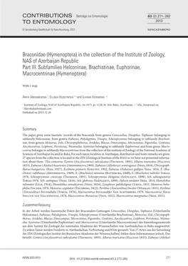 Braconidae (Hymenoptera) in the Collection of the Institute of Zoology, NAS of Azerbaijan Republic Part III