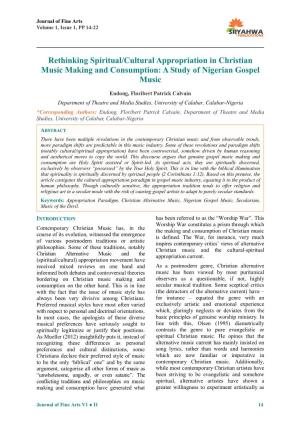 Rethinking Spiritual/Cultural Appropriation in Christian Music Making and Consumption: a Study of Nigerian Gospel Music