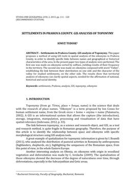 Settlements in Prahova County. Gis Analysis of Toponymy