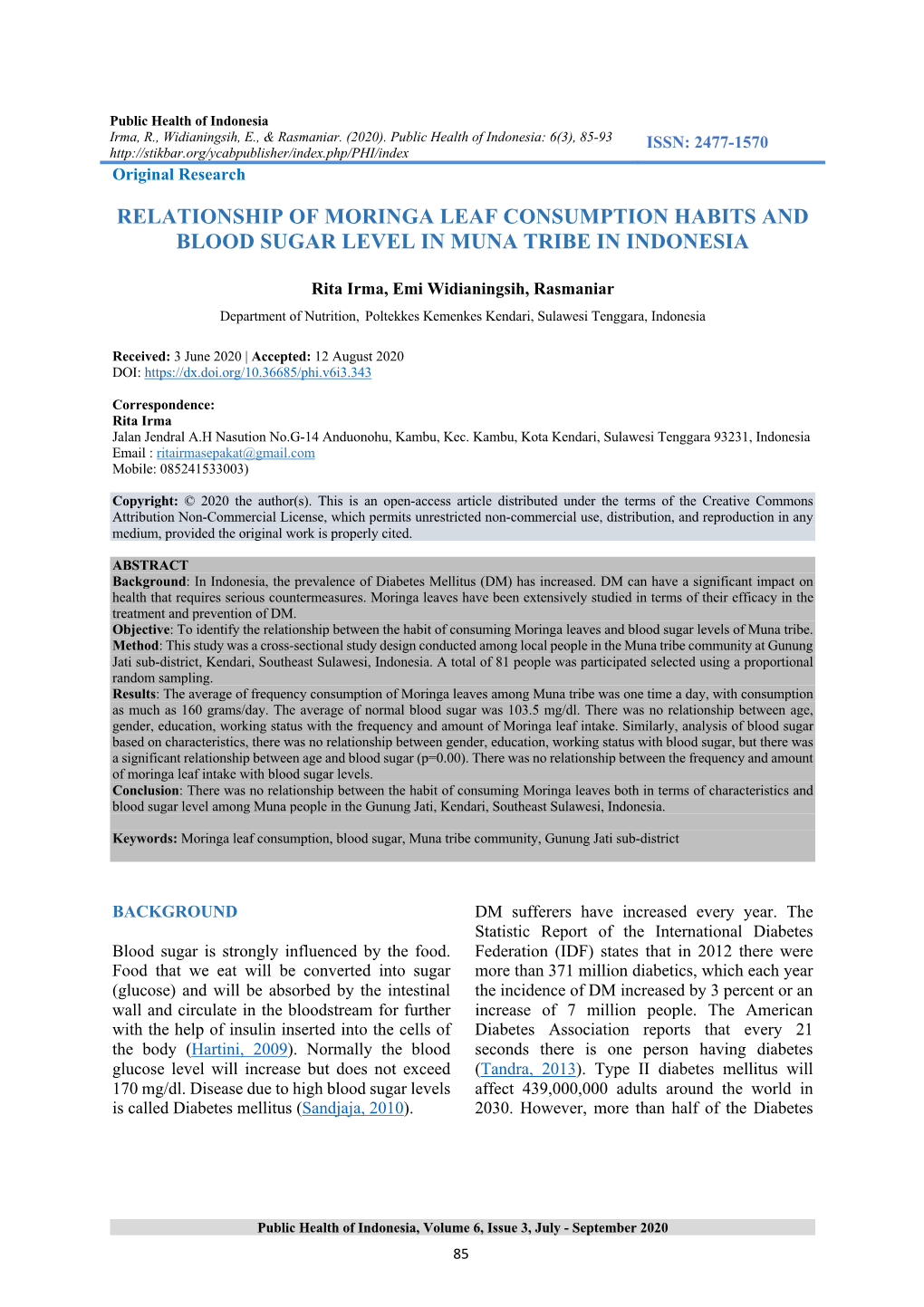 Relationship of Moringa Leaf Consumption Habits and Blood Sugar Level in Muna Tribe in Indonesia