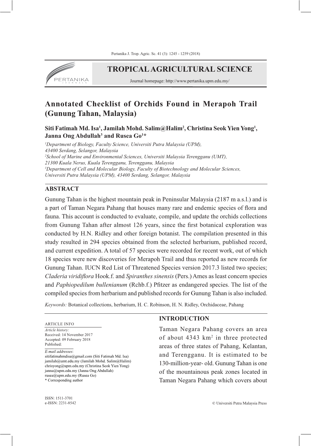 TROPICAL AGRICULTURAL SCIENCE Annotated Checklist Of