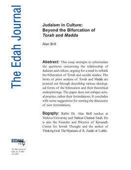 Judaism in Culture: Beyond the Bifurcation of Torah and Madda
