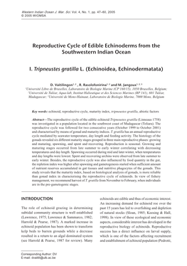 Reproductive Cycle of Edible Echinoderms from the Southwestern Indian Ocean