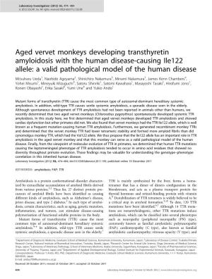 Aged Vervet Monkeys Developing Transthyretin Amyloidosis