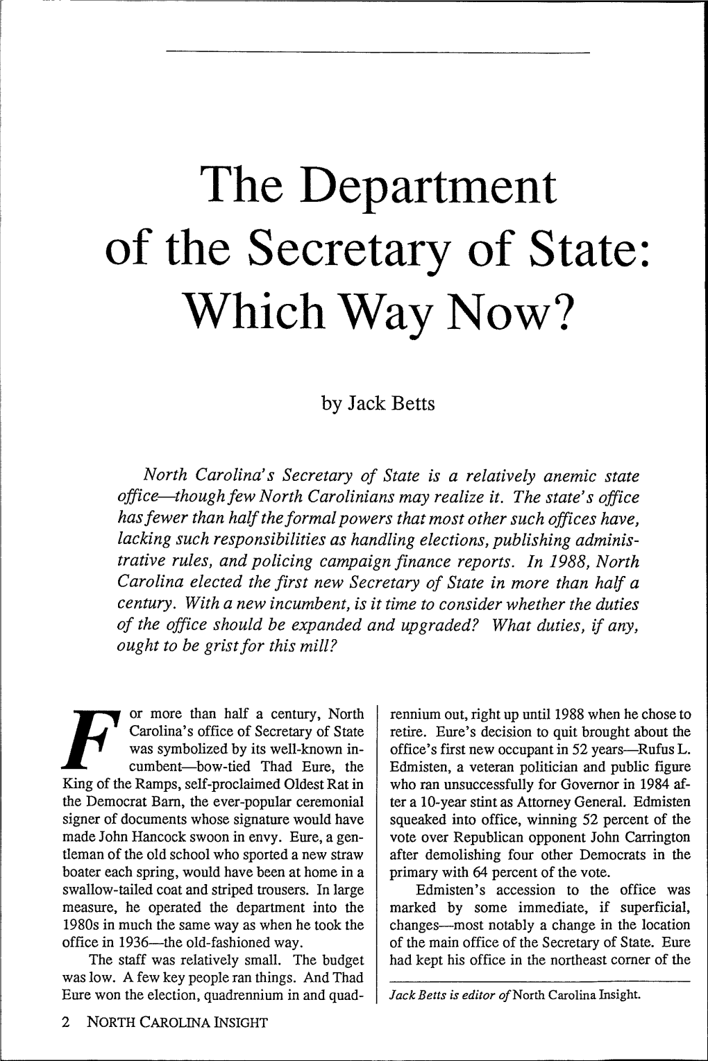 The Department of the Secretary of State: Which Way Now?