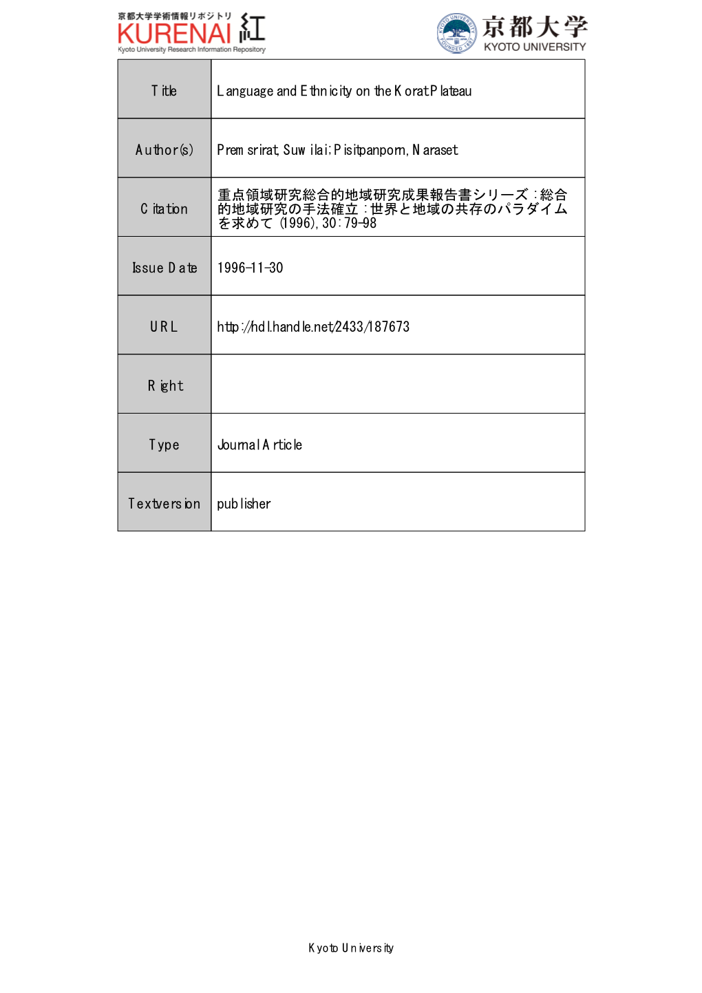 Title Language and Ethnicity on the Korat Plateau Author(S)