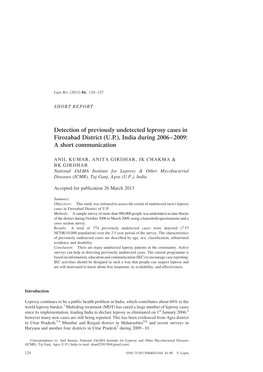 Detection of Previously Undetected Leprosy Cases in Firozabad District (U.P.), India During 2006–2009: a Short Communication