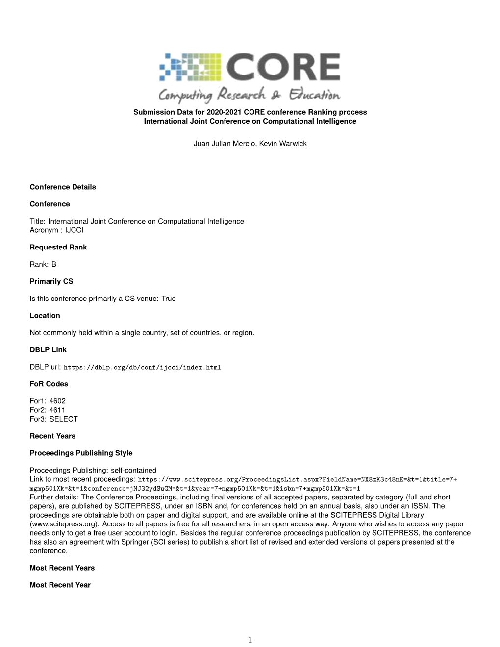 Submission Data for 2020-2021 CORE Conference Ranking Process International Joint Conference on Computational Intelligence Juan