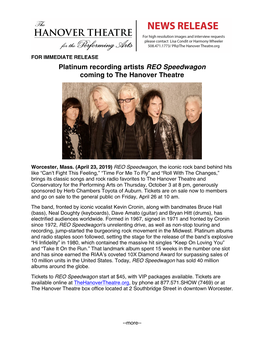 Platinum Recording Artists REO Speedwagon Coming to the Hanover Theatre