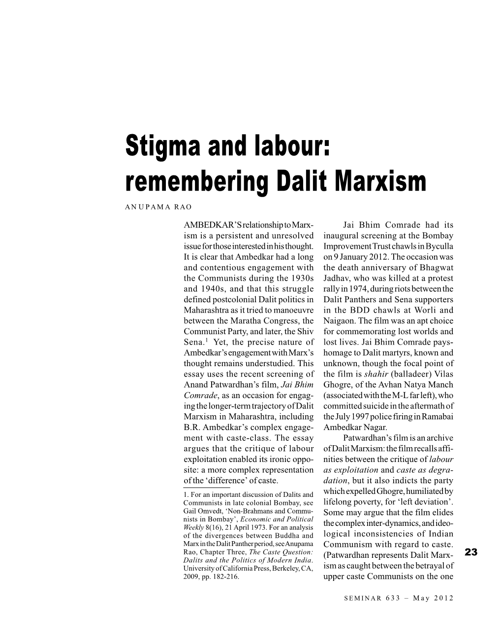 Remembering Dalit Marxism ANUPAMA RAO