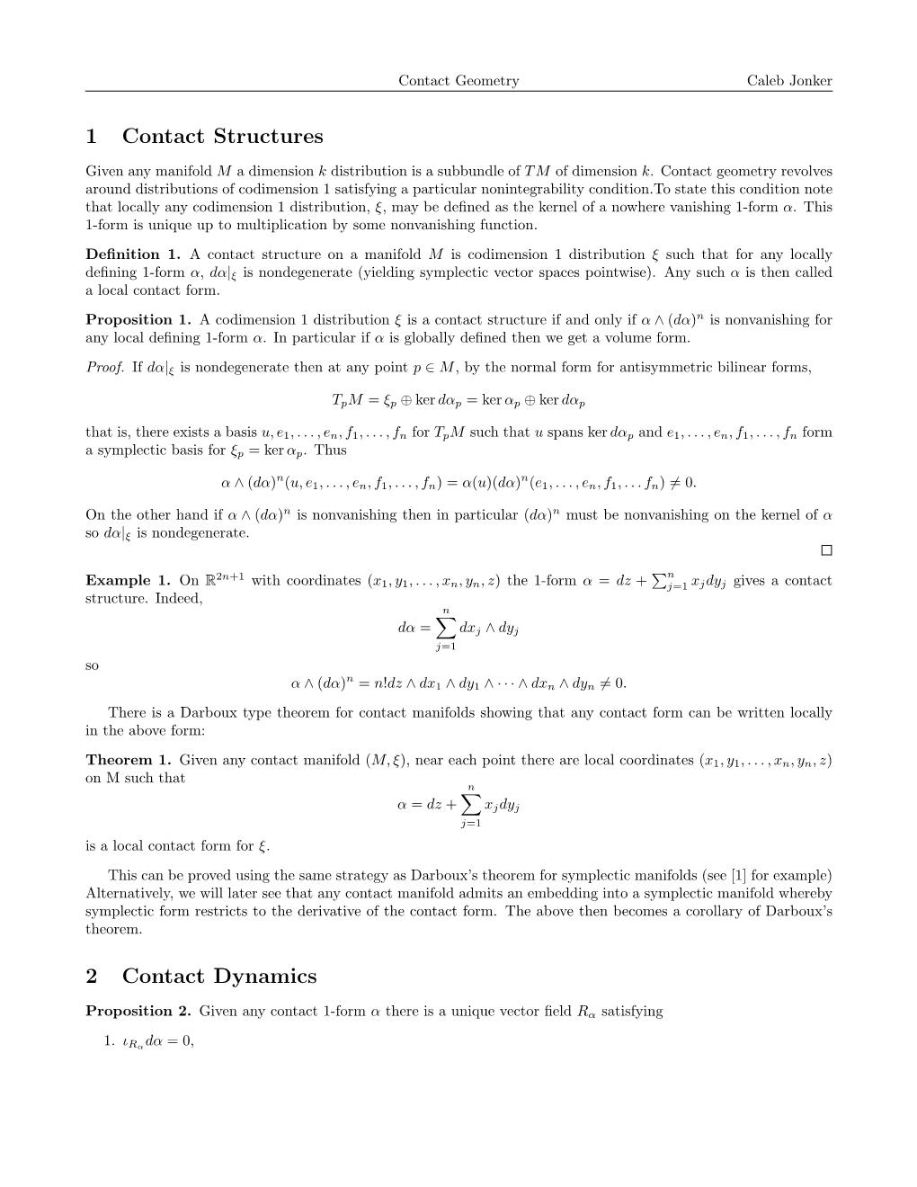 Contact Geometry Caleb Jonker