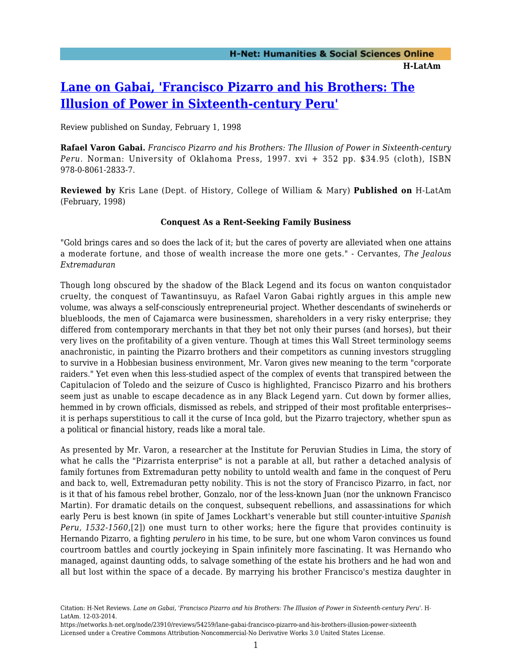 Francisco Pizarro and His Brothers: the Illusion of Power in Sixteenth-Century Peru'