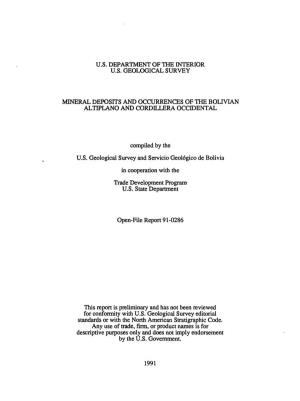 U.S. Department of the Interior U.S. Geological Survey Mineral Deposits and Occurrences of the Bolivian Alhplano and Cordillera