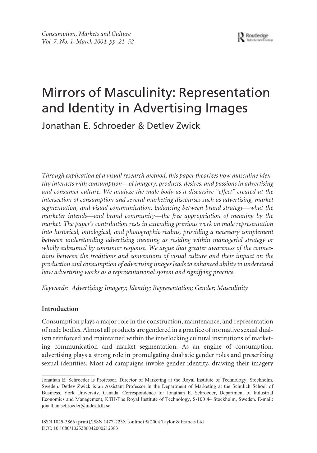 Mirrors of Masculinity: Representation and Identity in Advertising Images Jonathan E