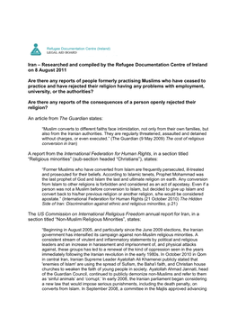 Iran – Researched and Compiled by the Refugee Documentation Centre of Ireland on 8 August 2011