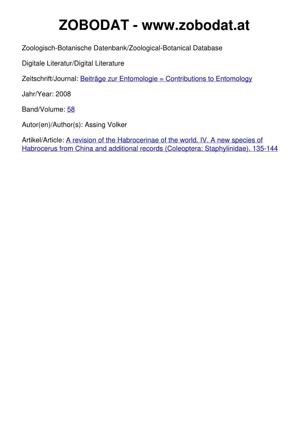 A Revision of the Habrocerinae of the World. IV. a New Species of Habrocerus from China and Additional Records (Coleoptera: Staphylinidae)