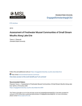 Assessment of Freshwater Mussel Communities of Small Stream Mouths Along Lake Erie