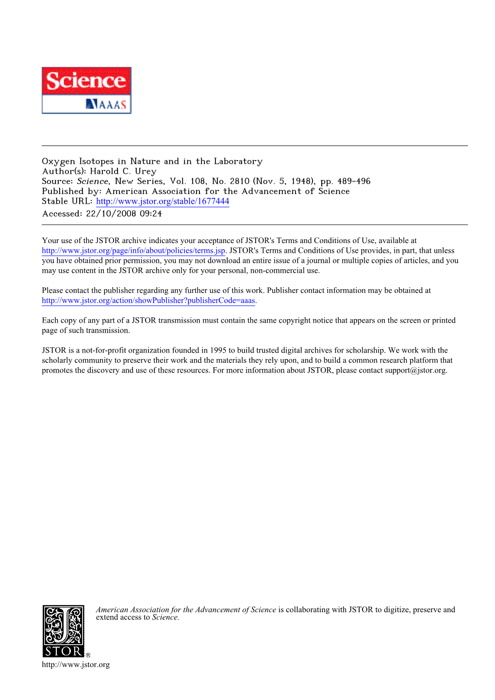 Oxygen Isotopes in Nature and in the Laboratory Author(S): Harold C