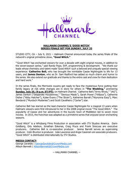Hallmark Channel's 'Good Witch' Series Finale Set For