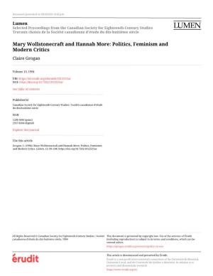 Mary Wollstonecraft and Hannah More: Politics, Feminism and Modern Critics Claire Grogan