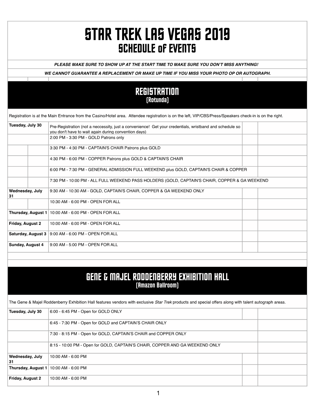 STAR TREK LAS VEGAS 2019 SCHEDULE of EVENTS