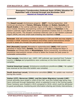 ETOP BULLETIN for September 2019 USAID/OFDA - AELGA Page 1 ETOP BULLETIN IX – 2019 USAID/OFDA ISSUED OCTOBER 4, 2019