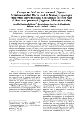 Changes on Schistosoma Mansoni (Digenea: Schistosomatidae) Worm