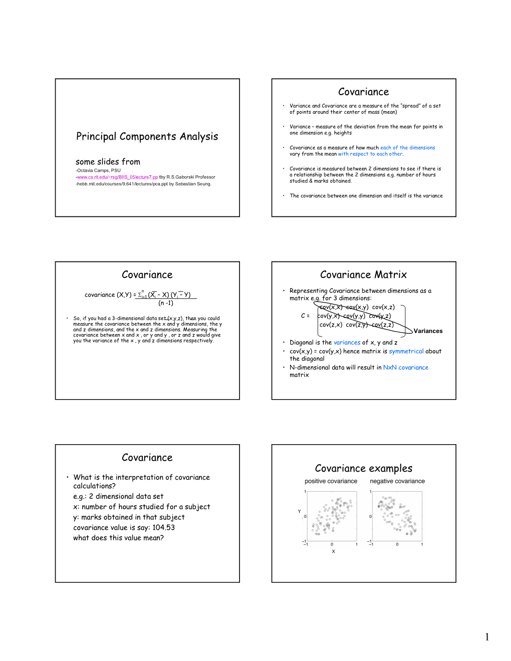 Principal Components Analysis Covariance Covariance Covariance Matrix Covariance Covariance Examples