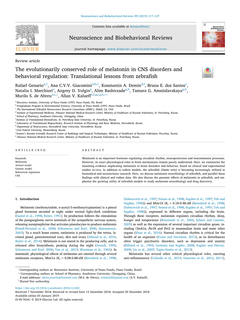 The Evolutionarily Conserved Role of Melatonin in CNS Disorders and Behavioral Regulation Translational Lessons from Zebrafish