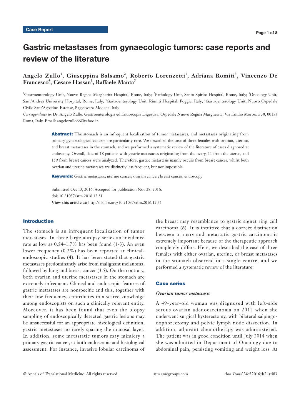 Gastric Metastases from Gynaecologic Tumors: Case Reports and Review of the Literature