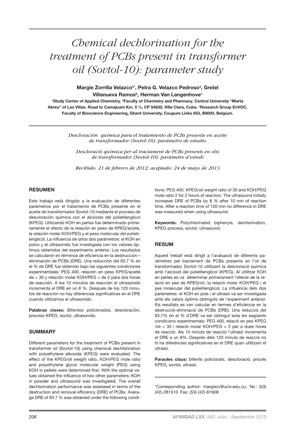 Chemical Dechlorination for the Treatment of Pcbs Present in Transformer Oil (Sovtol-10): Parameter Study