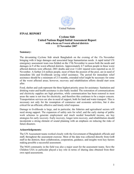 FINAL REPORT Cyclone Sidr United Nations Rapid Initial Assessment Report with a Focus on 9 Worst Affected Districts 22 November 2007