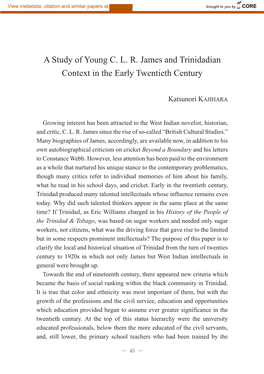 A Study of Young C. L. R. James and Trinidadian Context in the Early Twentieth Century