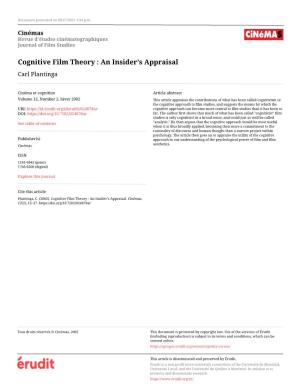 Cognitive Film Theory : an Insider’S Appraisal Carl Plantinga
