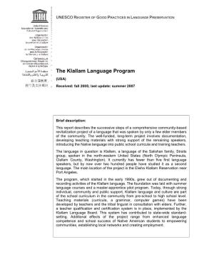 The Klallam Language Program (USA) Received: Fall 2005; Last Update: Summer 2007