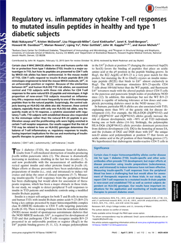 Regulatory Vs. Inflammatory Cytokine T-Cell Responses to Mutated Insulin Peptides in Healthy and Type 1 Diabetic Subjects