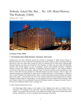No. 185: Hotel History: the Peabody (1869) October 6, 2017 11:10Am
