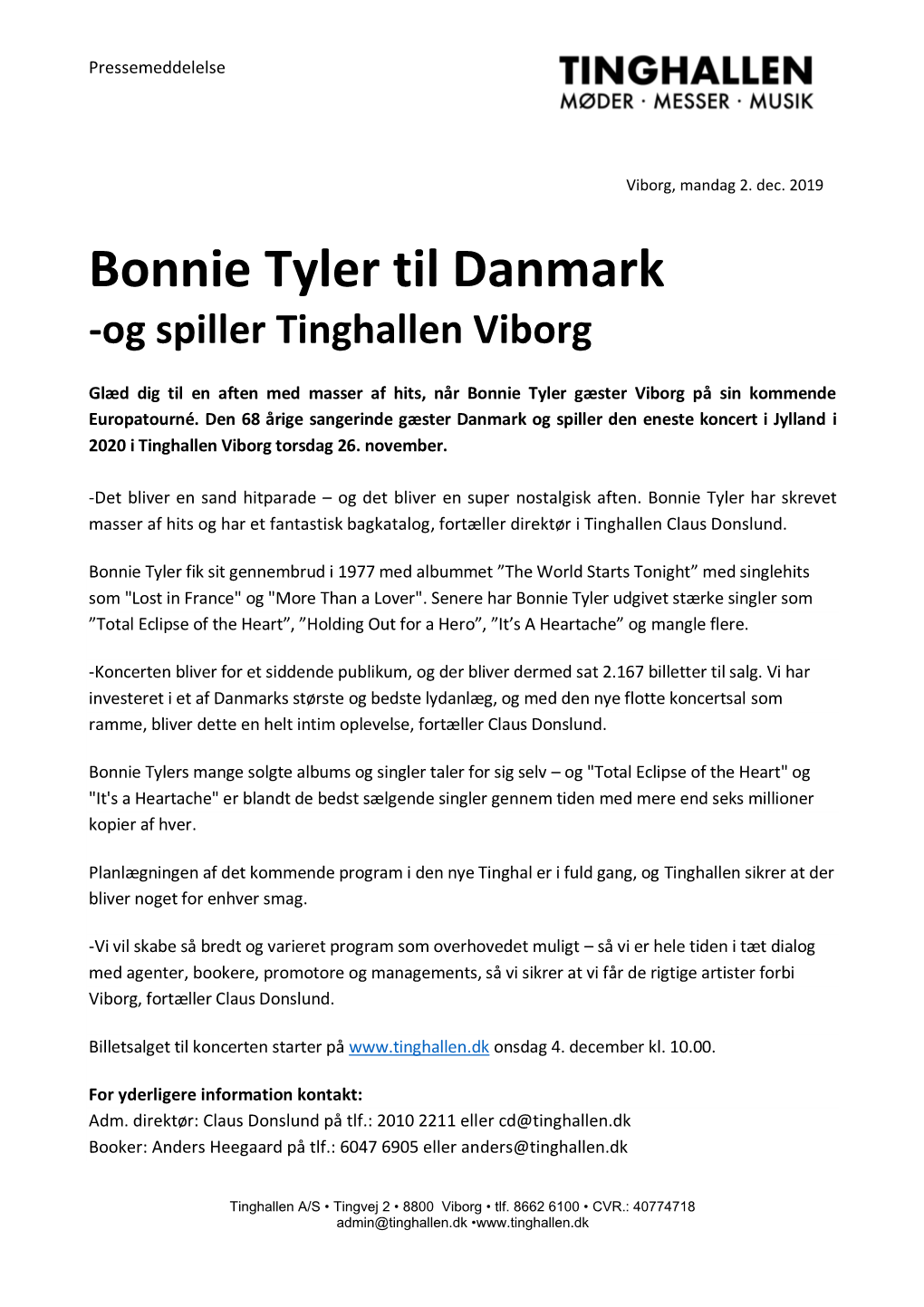 Bonnie Tyler Til Danmark -Og Spiller Tinghallen Viborg