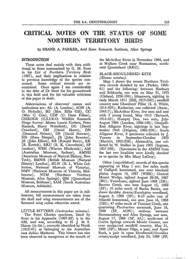 CRITICAL NOTES on the STATUS of SOME NORTHERN TERRITORY BIRDS by SHANE A