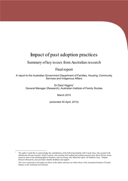 Impact of Past Adoption Practices Summary of Key Issues from Australian Research Final Report