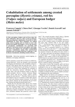 Cohabitation of Settlements Among Crested Porcupine (Hystrix Cristata), Red Fox (Vulpes Vulpes) and European Badger (Meles Meles)