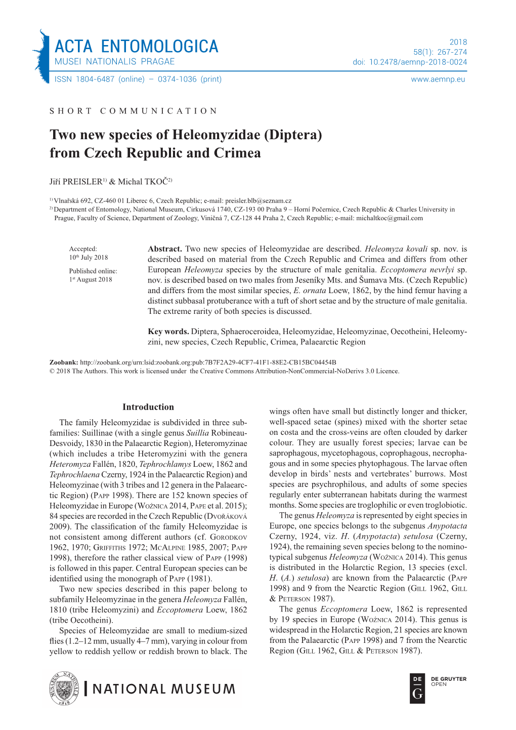 ACTA ENTOMOLOGICA 58(1): 267-274 MUSEI NATIONALIS PRAGAE Doi: 10.2478/Aemnp-2018-0024