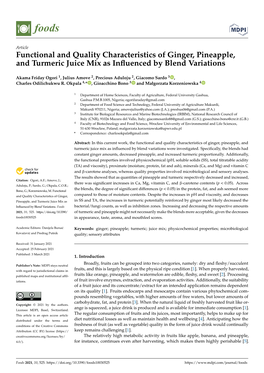 Functional and Quality Characteristics of Ginger, Pineapple, and Turmeric Juice Mix As Inﬂuenced by Blend Variations