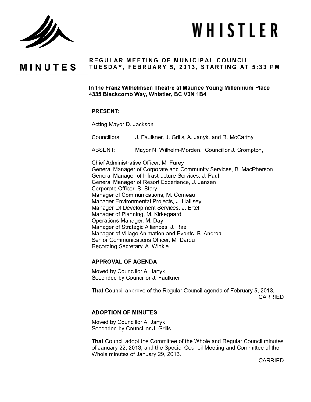 Minutes of the February 5, 2013 Regular Meeting of Council