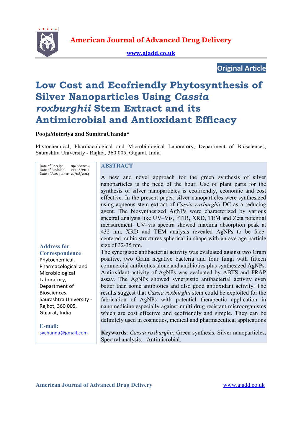 Low Cost and Ecofriendly Phytosynthesis of Silver